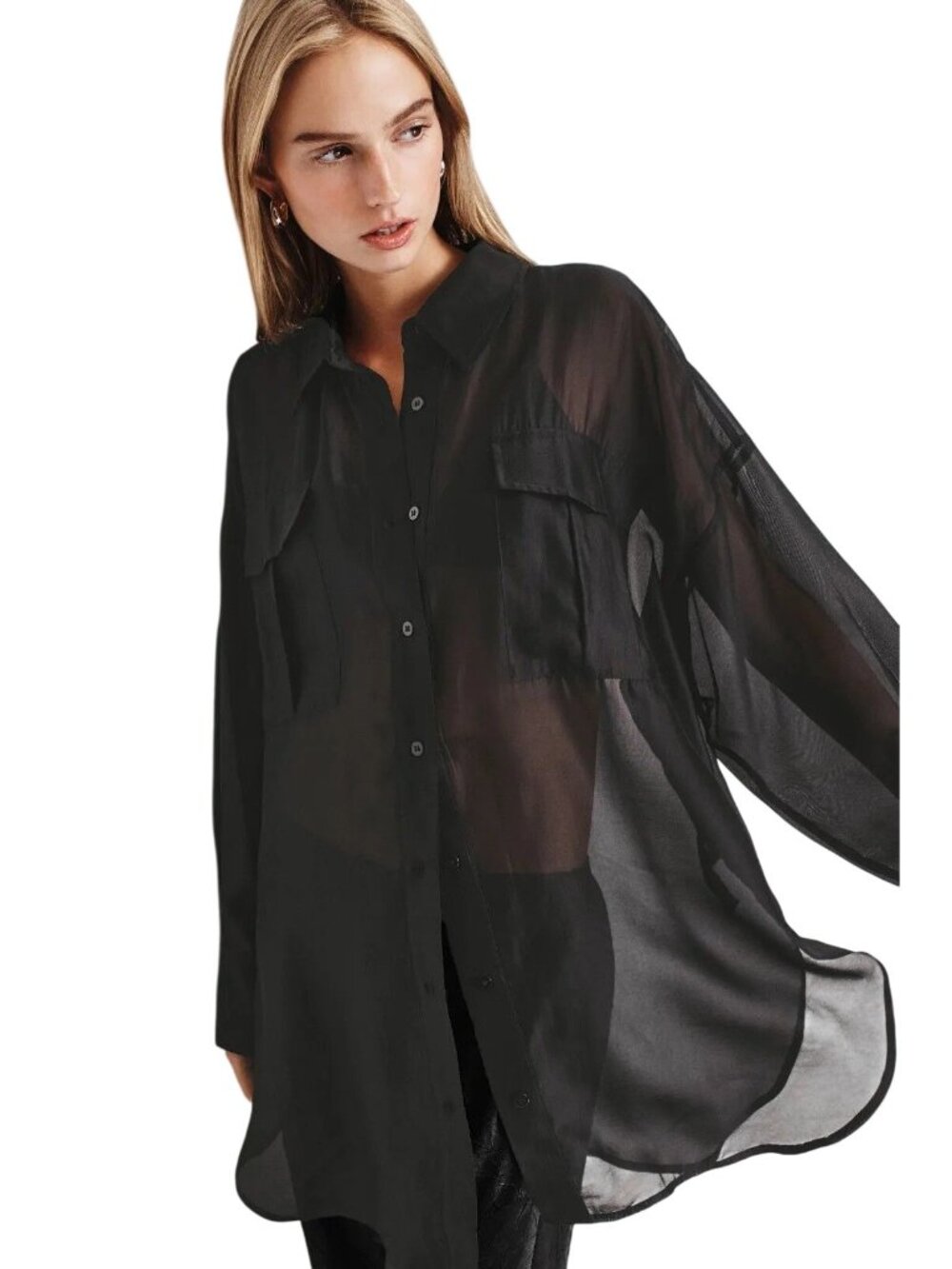 Love Stories Hailey Sheer Button Down Shirt in Black Large XLarge Womens